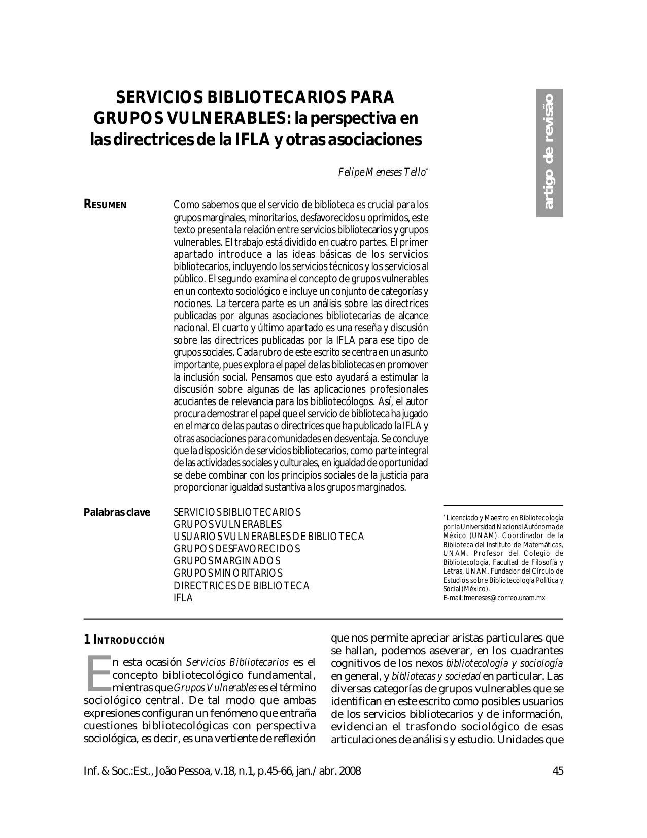 Servicios Bibliotecarios para grupos vulnerables: la perspectiva en las directrices de la IFLA y otras asociaciones